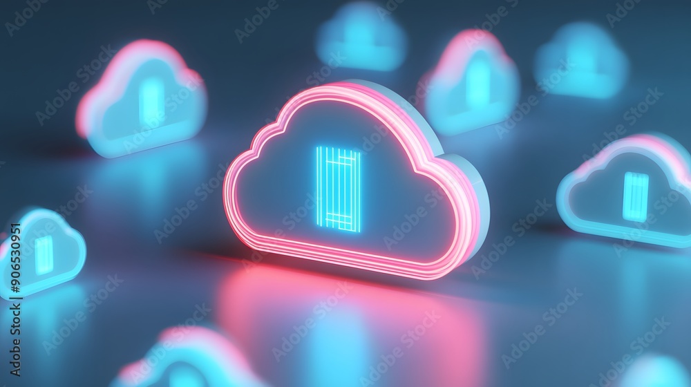 Neon technology cloud icons representing digital data storage ...