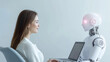 © forenna - Elegant Businesswoman in Chair Beside Pink and White Robot Cyborg - Artificial Intelligence vs Human Employment, Laptop Work Setting in Studio Photo