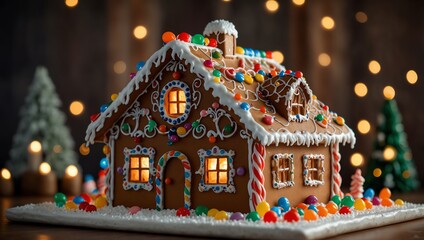 Wall Mural -  Gingerbread house decorated with colorful candies and lights