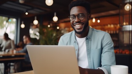 Poster - Smiling African businessman in casual clothes working on a laptop 