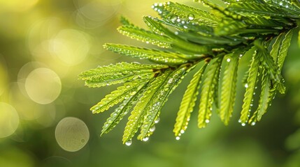 Wall Mural - Close up of raindrops on Norfolk Island pine leaves with blurred background