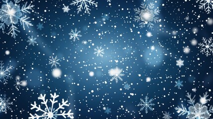 Bright blue snowy background with white falling snowflakes and night sky