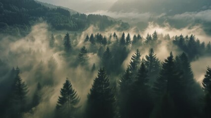 flying above foggy mountain forest on a morning sunrise. aerial view