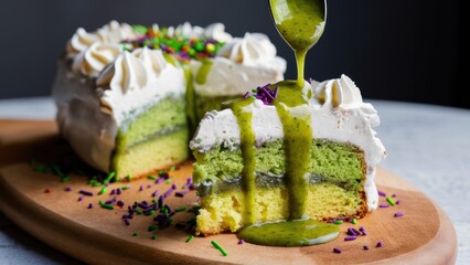 Poster - A slice of cake being drizzled with green icing on a wooden board, AI