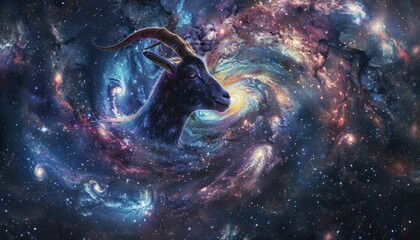 Wall Mural - digital artwork of a goat head emerging from a cosmic nebula