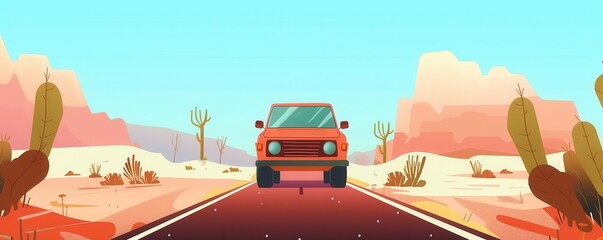 Wall Mural - Car roadtrippers, flat design, front view, desert exploration, animation, vivid, copy space for text