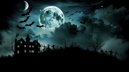 Wall Mural - a spooky halloween background featuring dark, eerie elements like a full moon, haunted house silhoue