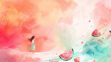 Simple summer theme background template with a cute little girl and watermelon colors