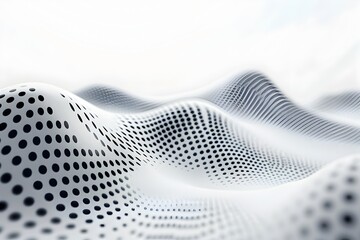 Poster - Abstract black dots in a wavy pattern on a white background, technology design vector illustration. Abstract futuristic landscape with moving particles. Digital mesh wave in the air