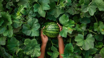 Hands with watermelon growing in plantation field in farm