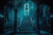 © KumCup - A dark and eerie staircase inside a haunted mansion, illuminated by soft teal lights.