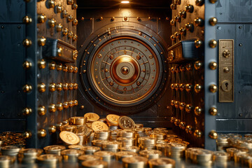 Secure bank vault with money and gold coins