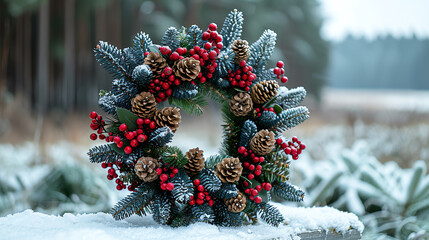 Wall Mural - A Christmas wreath with pine branches, red berries, and pine cones, resting on snow.