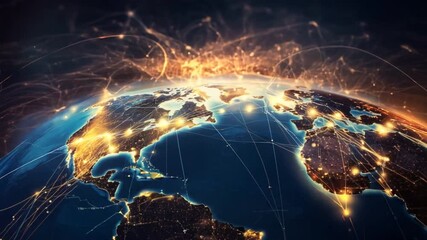 Poster - A satellite view of Earth with interconnected lines representing the flow of goods, information, and people across the globe.