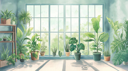 plant in the room, interior of a house, plant in a window, modern living room illustration, watercolor 