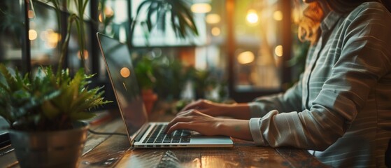 Wall Mural - A woman with blonde, curly hair works on a laptop at a table surrounded by plants. A glass of wine adds to the cozy setting. The image focuses on these elements.