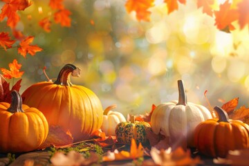 Canvas Print - A vibrant autumn scene featuring pumpkins, colorful leaves, and a warm glowing atmosphere.