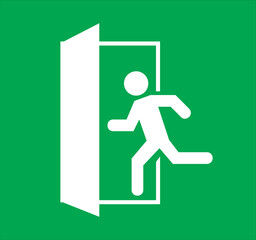 Wall Mural - Emergency exit sign, running man icon to door, warning sign plate, warning sign danger icon green color