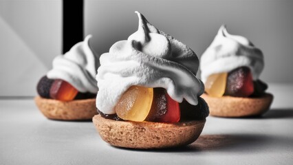 Sticker - A close up of three small desserts with whipped cream on top, AI