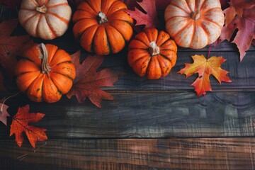 Wall Mural - Small orange and white pumpkins on wooden table with colorful autumn leaves.