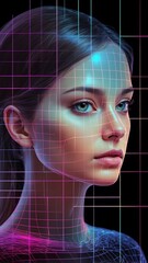 Poster - colorful hologram human face projection grid technolog technology abstract background with copy space