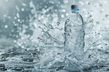 Transparent mineral plastic bottle with splashes