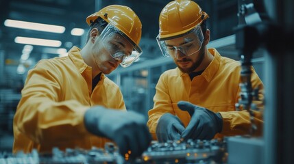 Wall Mural - Two young male automation engineers in safety gear, discussing the operation of robotic machinery in a high-tech modern factory