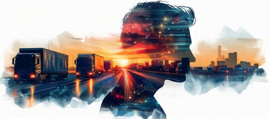 Wall Mural - Watercolor illustration of a thoughtful profile silhouette superimposed over a cityscape at sunset, with trucks driving on a highway in the foreground