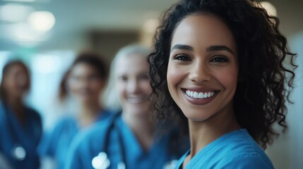 Wall Mural - A supportive team of healthcare professionals, including doctors and nurses, smiling and showcasing leadership in a modern hospital setting