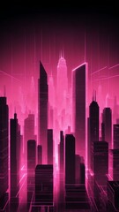 Poster - pink hologram city skyline projection grid technology abstract background with copy space