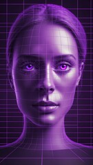 Poster - purple hologram human face projection grid technology abstract background with copy space