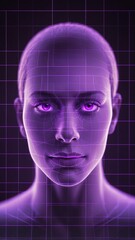 Poster - purple hologram human face projection grid technology abstract background with copy space