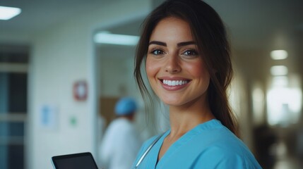 Wall Mural - A happy and beautiful female doctor smiling warmly at the camera, holding a tablet in a modern hospital setting, radiating confidence and professionalism