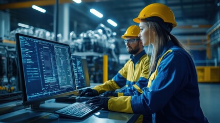 Wall Mural - A female manager and a male industrial engineer analyzing a microchip prototype's production data on a desktop computer, in a modern automated electronics factory