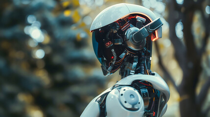 A cyborg humanoid robot in a futuristic setting