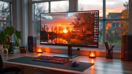 Poster - A high school student's desk with a dual monitor setup, featuring a sunset desktop background on the main monitor, a keyboard, mouse, and a potted plant.