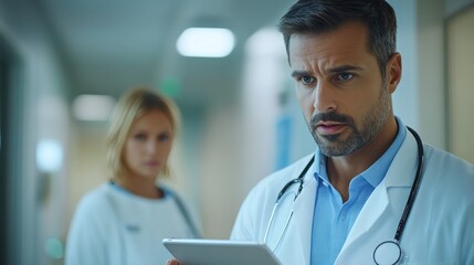 Wall Mural - A doctor using a tablet to review medical records with a patient, focusing on providing personalized healthcare services in a modern hospital setting