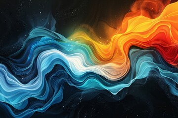 Wall Mural - Vibrant rainbow, orange blue teal white psychedelic grainy gradient color flow wave on black background, music cover dance party poster design, Generative AI 