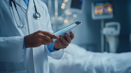 Wall Mural - A doctor hands holding a tablet, consulting with a patient about their medical condition in a hospital room, offering professional advice and care