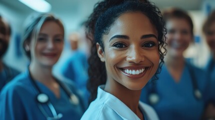 Wall Mural - A diverse group of doctors and nurses smiling proudly, displaying leadership and teamwork in a hospital setting, celebrating success in healthcare