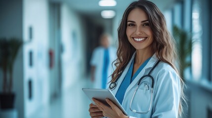 Wall Mural - A confident and smiling female doctor, holding a tablet while looking at the camera in a hospital, reflecting professionalism and a positive attitude