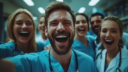 Wall Mural - A close-knit team of doctors and nurses, all smiles as they celebrate their success and strong leadership in providing top-notch healthcare