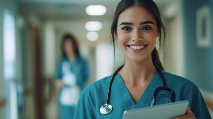 Wall Mural - A beautiful female doctor, smiling warmly with a tablet in hand, standing in a hospital corridor, exuding professionalism and kindness