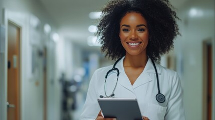 Wall Mural - A beautiful and joyful female doctor, confidently holding a tablet in a hospital workplace, smiling at the camera, radiating warmth and dedication