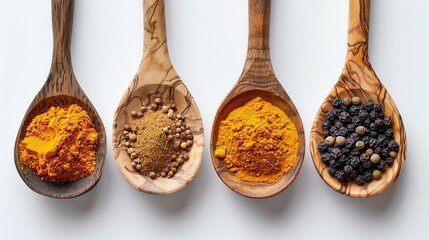 Colorful spices arranged in wooden spoons, perfect for culinary, wellness, and cooking themes in food photography.