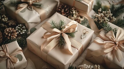  creative shot of beautifully wrapped Christmas gifts with ribbons, tags, and holiday paper, ready for giving.