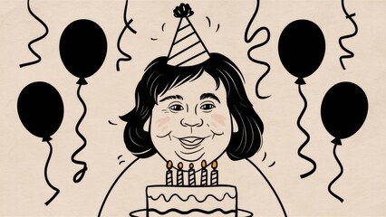 Sticker - A cartoon drawing of a woman with balloons and cake, AI