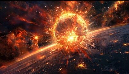 Wall Mural - fiery planet explosion in space with burning debris