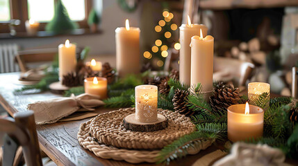 Wall Mural - The image shows a wooden table decorated with lit candles, pine branches, and pinecones. It looks like a festive table setting.