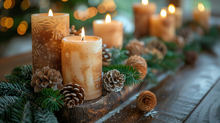 Wall Mural - Five lit candles in a wooden centerpiece with pine branches and pine cones.